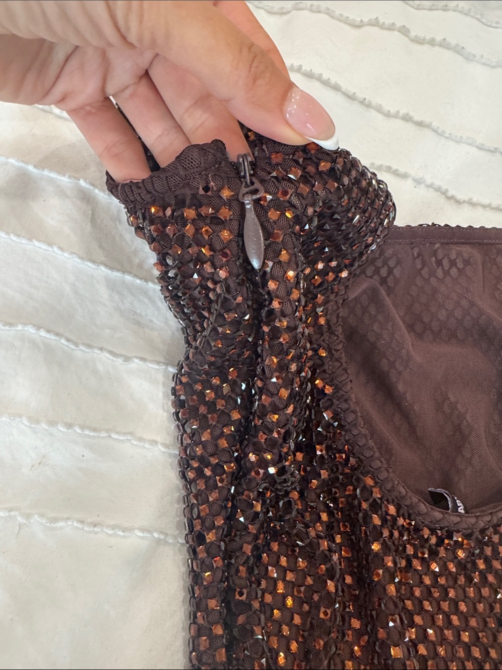 Brown Sequin Mesh Mini Dress with Square Neck - Picture 6 of 7